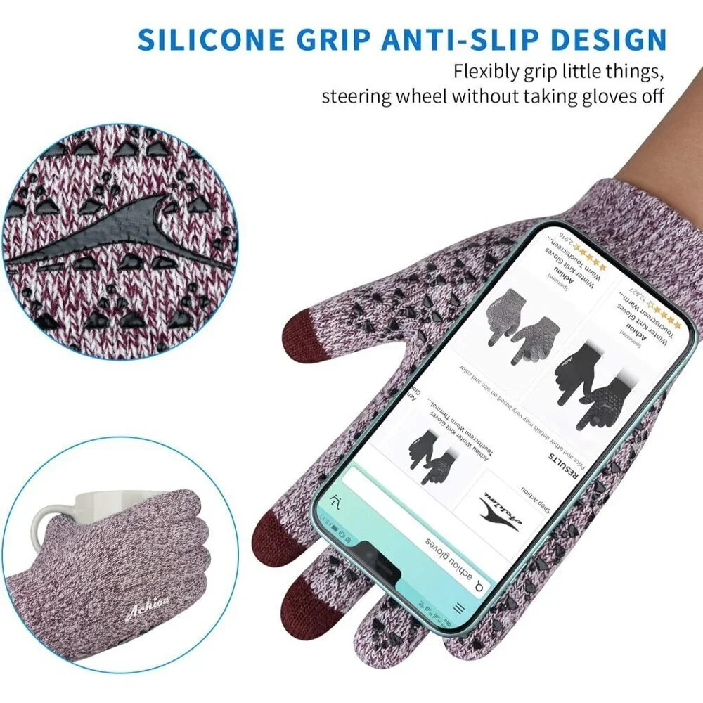 Women White Burgundy Upgraded Touch Screen Thermal Soft Knit Lining Winter Glove
